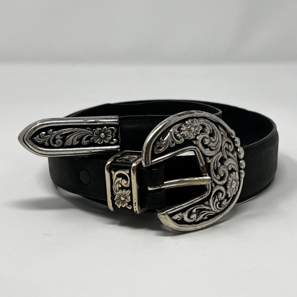 Justin Accessories - Vintage Justin Black Leather Western Belt Floral Silver Buckle 28 540BK Made USA